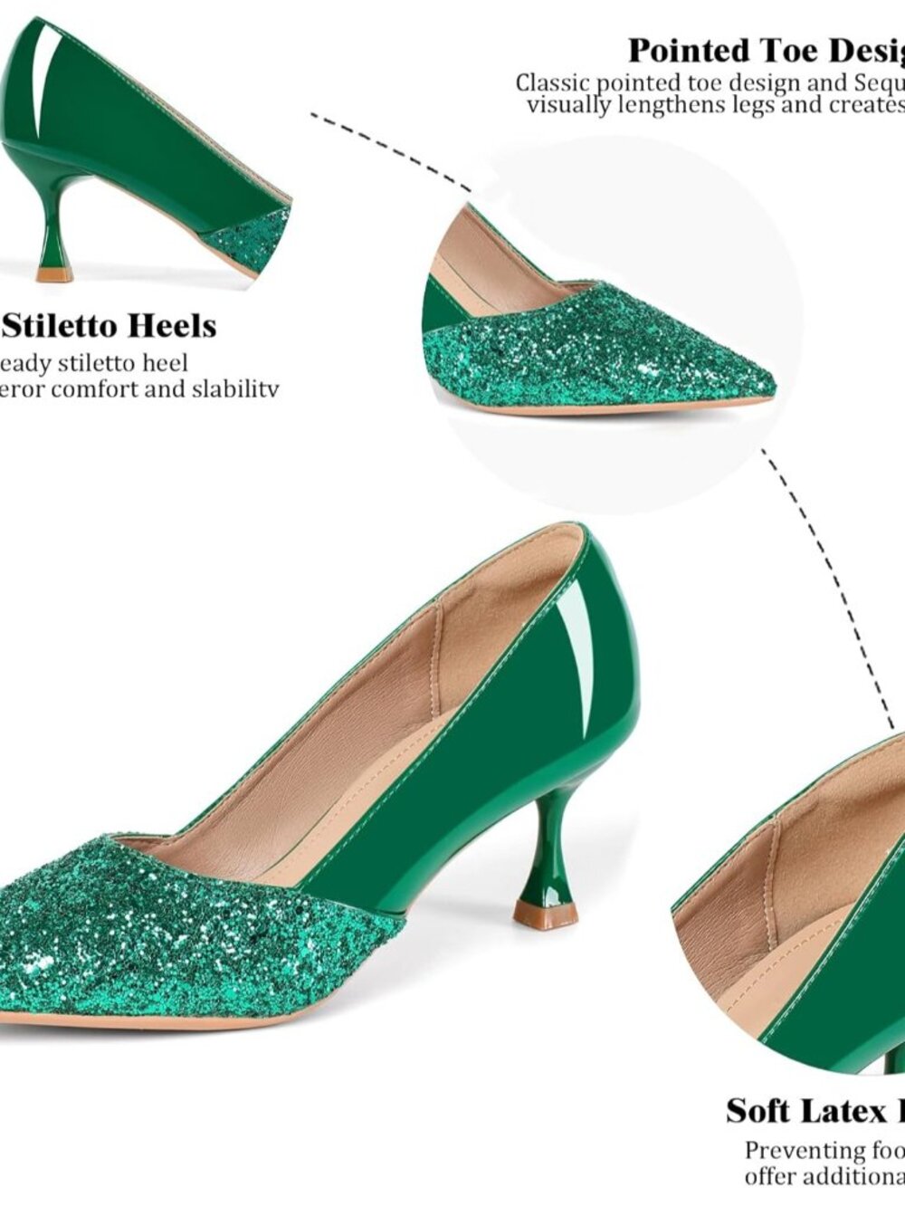 Women's Green Kitten High Heels 2 Inch Sequin Pointed Toe Leather Pumps Shoes - Picture 6 of 6